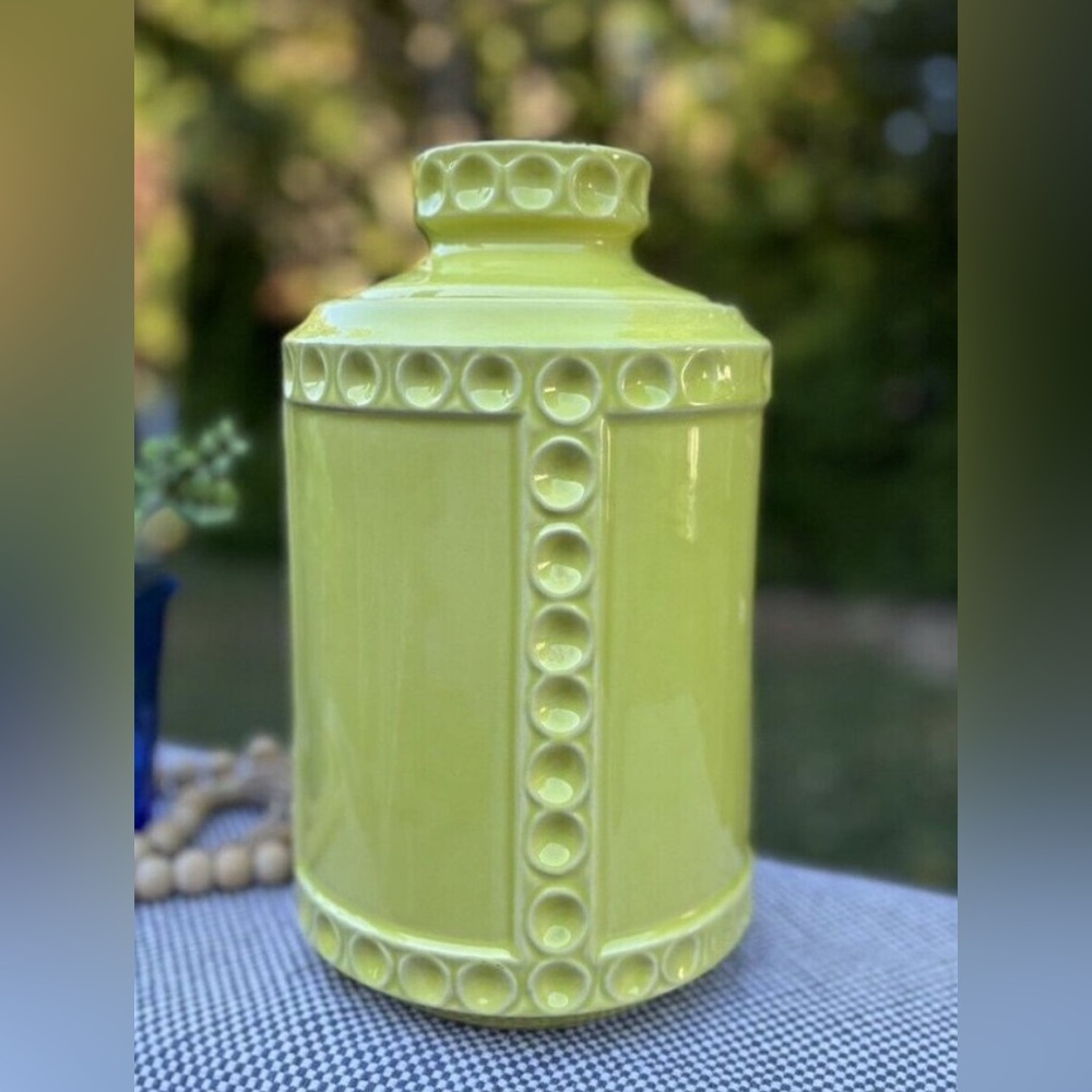 Vintage McCoy Pottery 11” Yellow/Green Canister with Thumbprint Detail and Lid